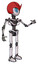 Droid containing grey alien style head and blue grate eyes and red v and red helmet and light chest exoshielding and no chest plating and ultralight foot exosuit. White halftone toon. Interacting.