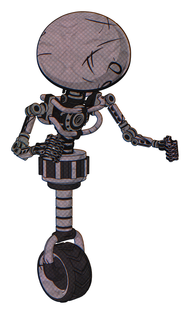 Cyborg containing dome head and light chest exoshielding and no chest plating and unicycle wheel. Dark sketch doodle. Fight or defense pose..