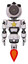Bot containing green dot eye corn row plastic hair and light chest exoshielding and yellow star and jet propulsion. White halftone toon. Front view.