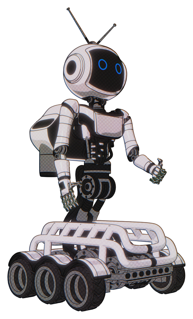 Mech containing digital display head and circle eyes and retro antennas and light chest exoshielding and ultralight chest exosuit and rocket pack and six-wheeler base. White halftone toon.