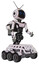 Mech containing digital display head and circle eyes and retro antennas and light chest exoshielding and ultralight chest exosuit and rocket pack and six-wheeler base. White halftone toon.