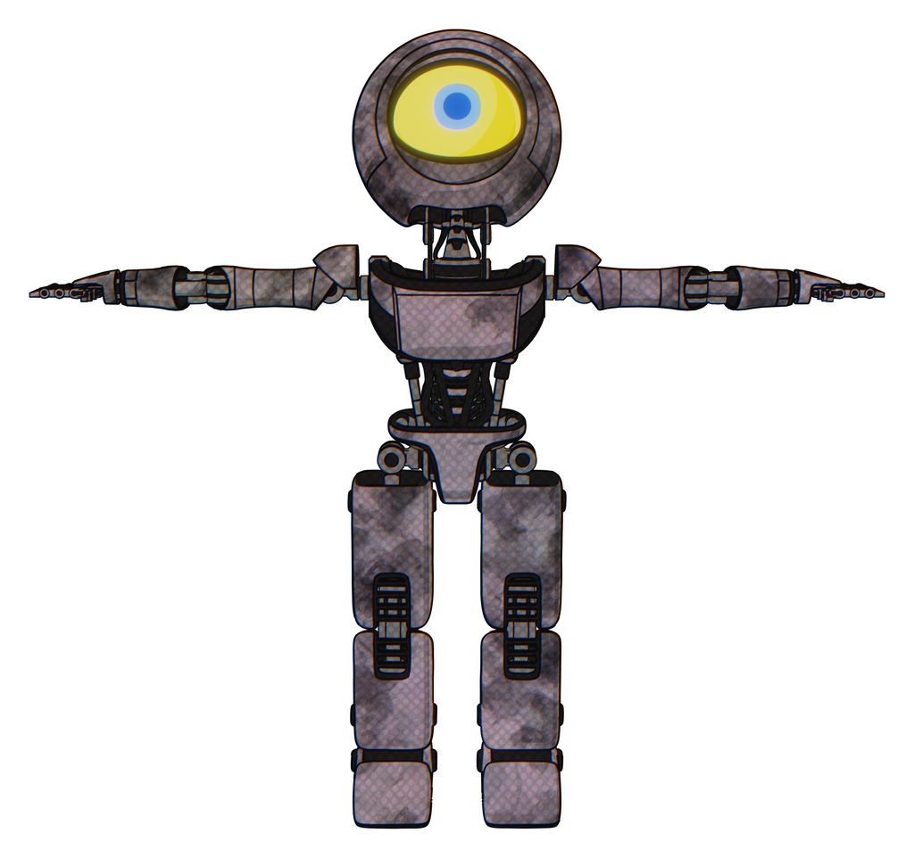 Mech containing giant eyeball head design and light chest exoshielding and ultralight chest exosuit and prototype exoplate legs. Sketch pad cloudy smudges. T-pose.