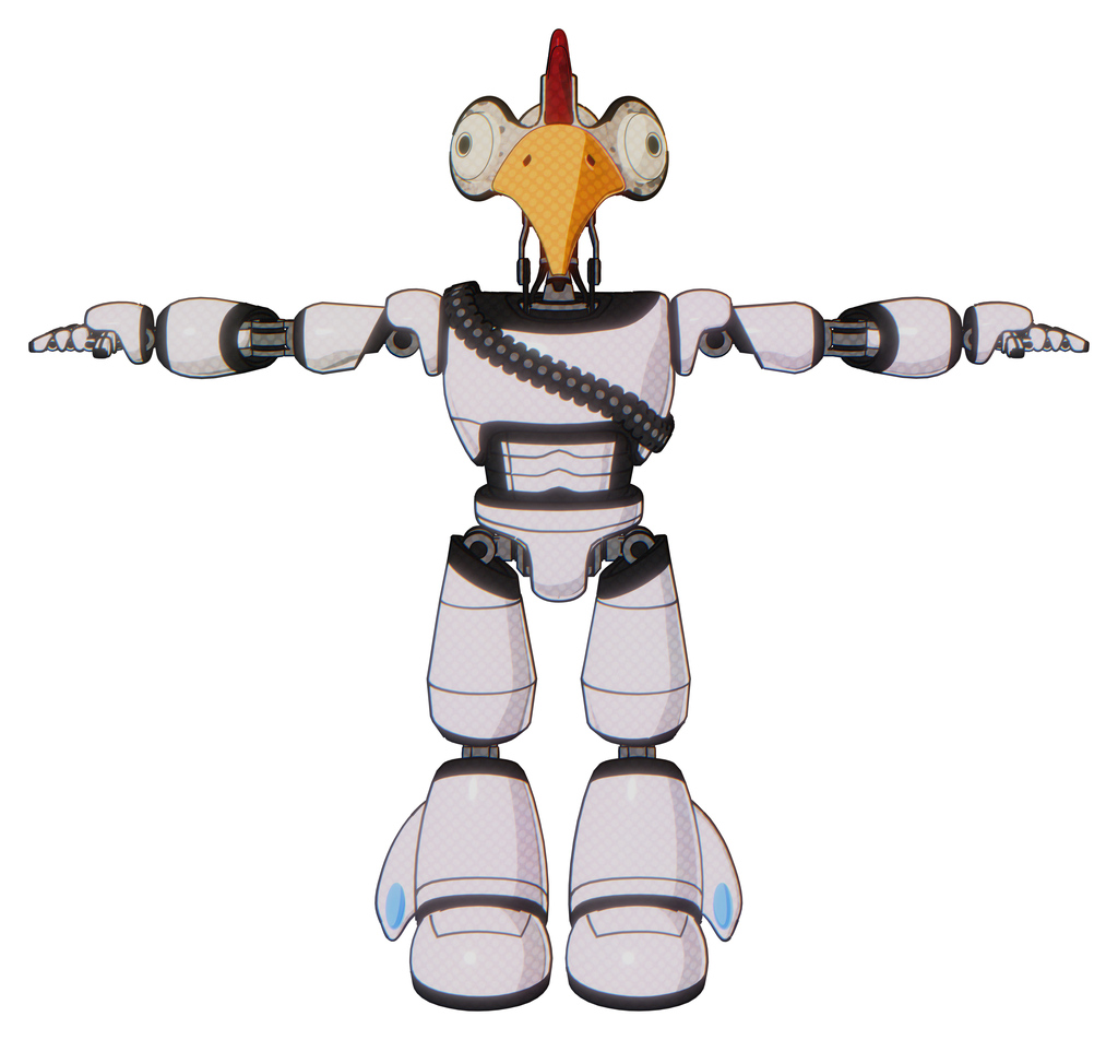 Droid containing bird skull head and bone skull eye holes and chicken design and light chest exoshielding and rubber chain sash and light leg exoshielding. White halftone toon. T-pose.