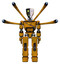 Mech containing humanoid face mask and two-face black white mask and light chest exoshielding and cable sash and blue-eye cam cable tentacles and prototype exoplate legs. Worn construction yellow.