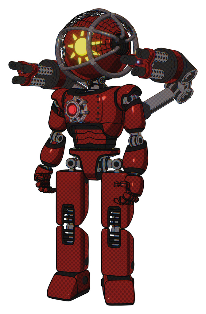 Mech containing oval wide head and sunshine patch eye and barbed wire cage helmet and light chest exoshielding and red energy core and minigun back assembly and prototype exoplate legs. Matted red.