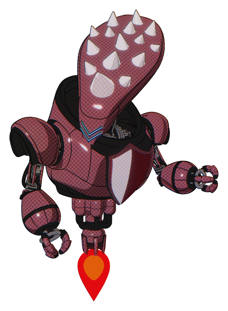 Robot containing flat elongated skull head and spikes, and heavy upper chest and red shield defense design and jet propulsion. Muavewood halftone. Fight or defense pose..