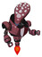 Robot containing flat elongated skull head and spikes, and heavy upper chest and red shield defense design and jet propulsion. Muavewood halftone. Fight or defense pose..