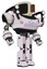 Robot containing old computer monitor and old retro speakers and heavy upper chest and circle of blue leds and shoulder headlights and prototype exoplate legs. White halftone toon. Hero pose.