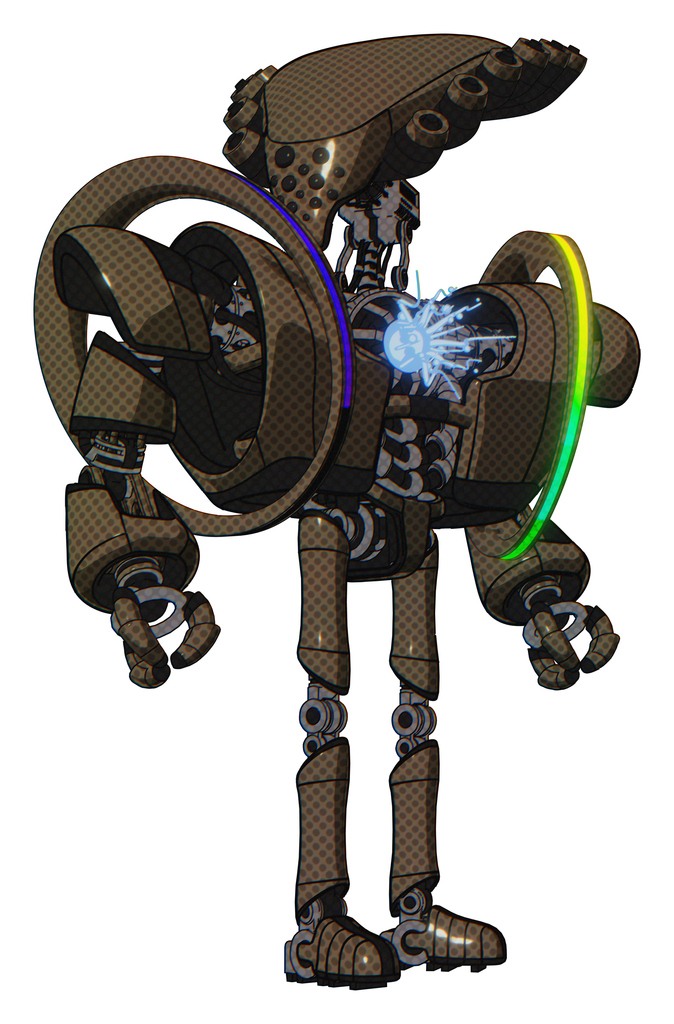 Robot containing flat elongated skull head and heavy upper chest and heavy mech chest and spectrum fusion core chest and ultralight foot exosuit. Light brown halftone. Hero pose.