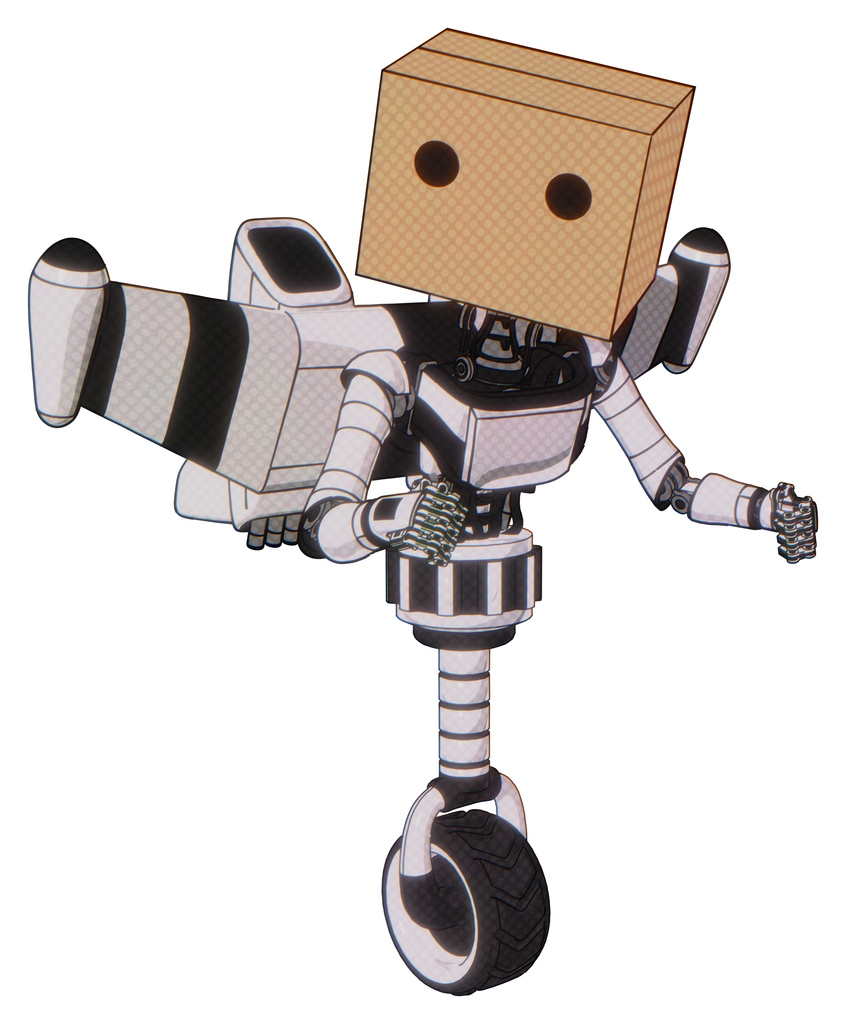 Cyborg containing dual retro camera head and cardboard box head and light chest exoshielding and ultralight chest exosuit and stellar jet wing rocket pack and unicycle wheel. White halftone toon.