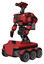 Droid containing dual retro camera head and simple blue telescopic eye head and light chest exoshielding and chest valve crank and rocket pack and six-wheeler base. Primary red halftone.