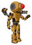 Mech containing round head and red laser crystal array and light chest exoshielding and prototype exoplate chest and minigun back assembly and prototype exoplate legs. Construction yellow halftone.