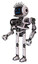 Cyborg containing digital display head and stunned expression and eye lashes deco and heavy upper chest and no chest plating and ultralight foot exosuit. White halftone toon. Facing right view.