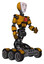 Cyborg containing humanoid face mask and light chest exoshielding and red chest button and six-wheeler base. Worn construction yellow. Facing left view.