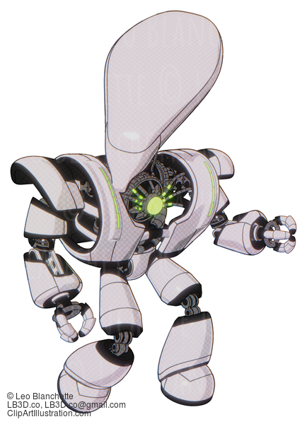 Android Containing Flat Elongated Skull Head And Heavy Upper Chest And Heavy Mech Chest And Green Energy Core And Light Leg Exoshielding. White Halftone Toon. Fight Or Defense Pose.. #17314