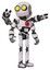 Robot containing round head and large yellow eyes and light chest exoshielding and red chest button and minigun back assembly and ultralight foot exosuit. White halftone toon. Hero pose.