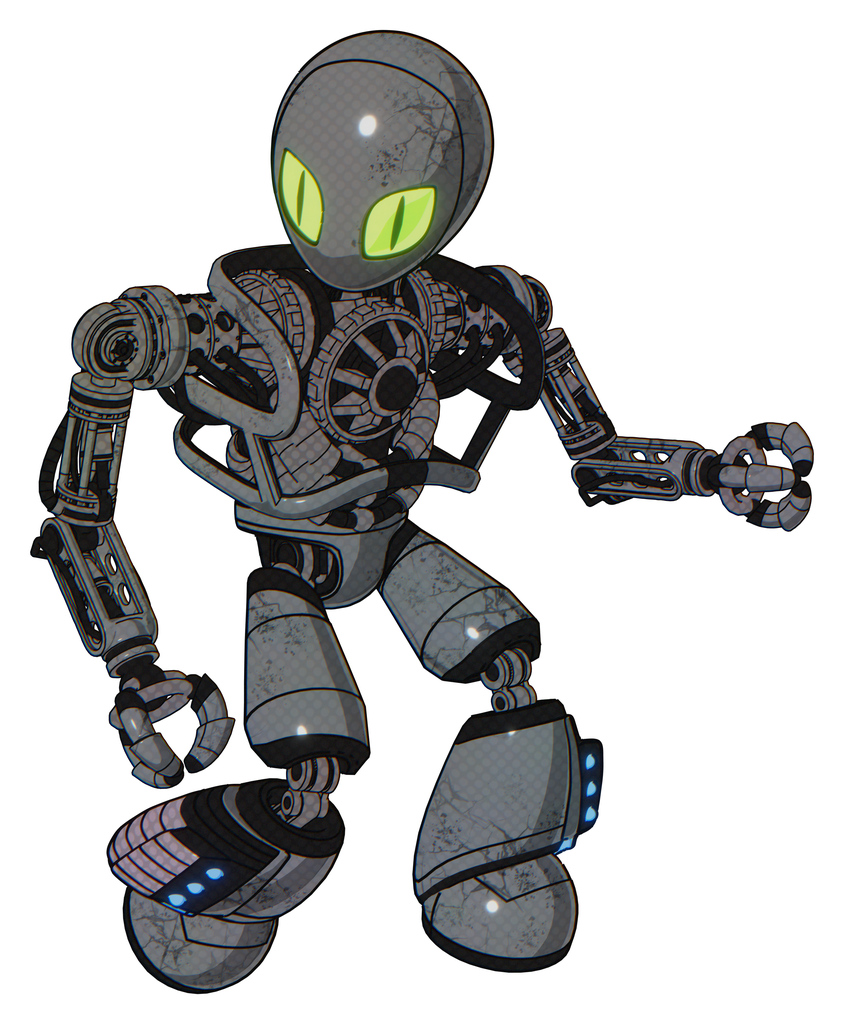 Mech containing grey alien style head and cat's eyes and heavy upper chest and no chest plating and light leg exoshielding and megneto-hovers foot mod. Patent concrete gray metal.