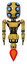 Droid containing round head and six eye array and bug eyes and light chest exoshielding and ultralight chest exosuit and jet propulsion. Construction yellow halftone. Front view.