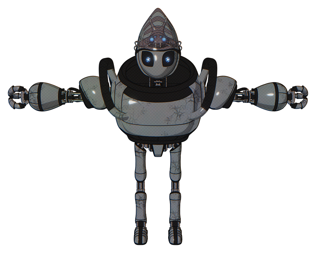 Droid containing grey alien style head and electric eyes and alien bug creature hat and heavy upper chest and ultralight foot exosuit. Patent concrete gray metal. T-pose.