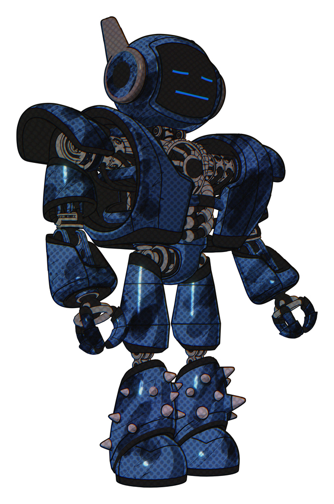Mech containing digital display head and sleeping face and winglets and heavy upper chest and heavy mech chest and light leg exoshielding and spike foot mod. Grunge dark blue. Facing left view.