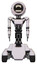 Automaton containing round head chomper design and light chest exoshielding and ultralight chest exosuit and six-wheeler base. White halftone toon. Front view.