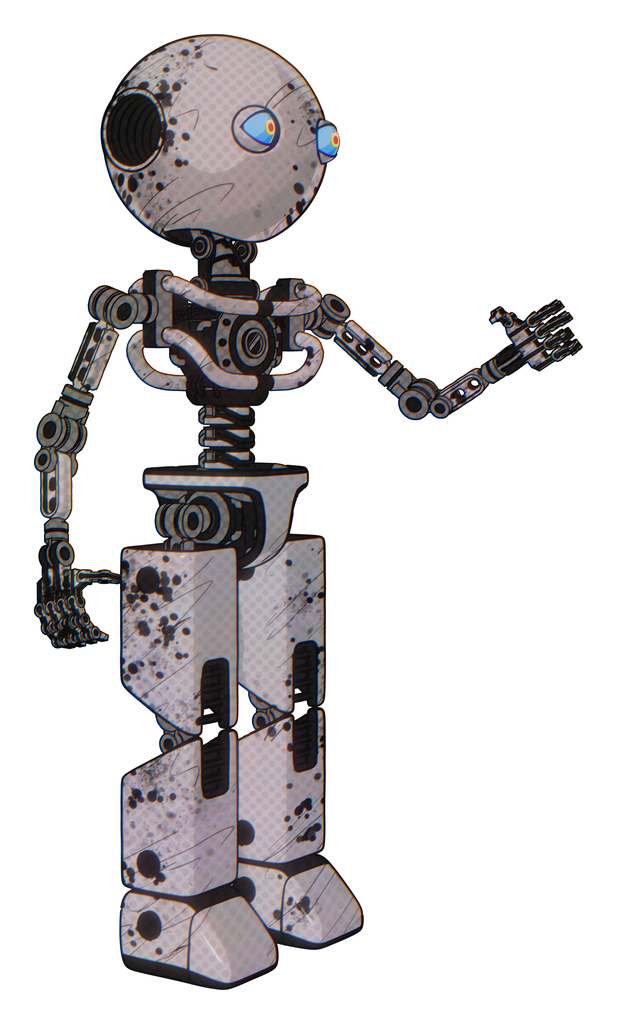 Mech containing oval wide head and blue eyes and light chest exoshielding and no chest plating and prototype exoplate legs. Grunge sketch dots. Interacting.