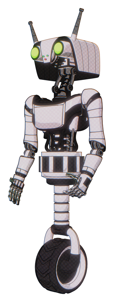 Bot containing dual retro camera head and cyborg antenna head and light chest exoshielding and ultralight chest exosuit and unicycle wheel. White halftone toon. Facing right view.