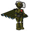 Mech containing oval wide head and barbed wire visor helmet and light chest exoshielding and red chest button and cherub wings design and prototype exoplate legs. Army green halftone.