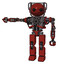 Bot containing oval wide head and beady black eyes and barbed wire visor helmet and heavy upper chest and no chest plating and prototype exoplate legs. Cherry tomato red.