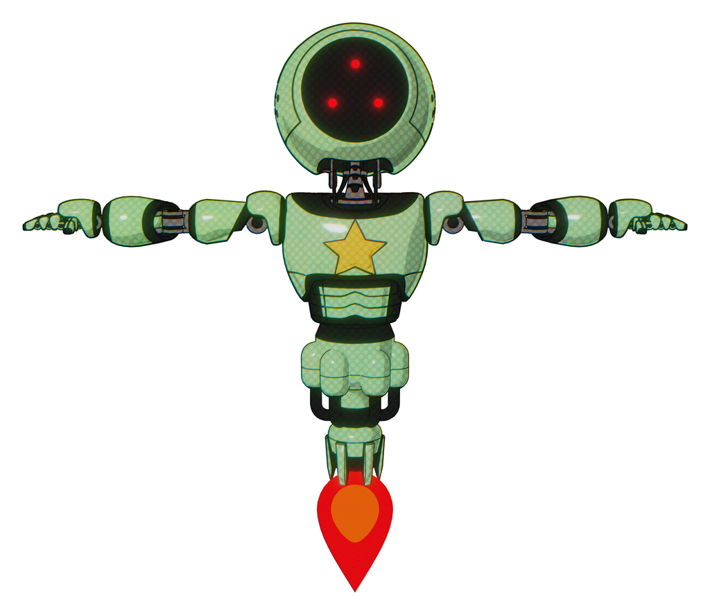 Mech containing three led eyes round head and light chest exoshielding and yellow star and jet propulsion. Green tint toon. T-pose.