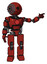 Bot containing oval wide head and steampunk iron bands with bolts and light chest exoshielding and red chest button and rocket pack and prototype exoplate legs. Cherry tomato red.