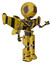 Robot containing round head and three lens sentinel visor and light chest exoshielding and stellar jet wing rocket pack and no chest plating and prototype exoplate legs. Construction yellow halftone.