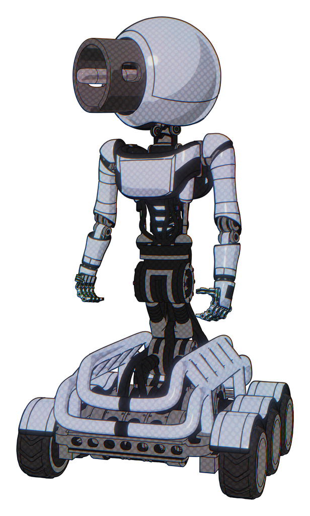 Bot containing cable connector head and light chest exoshielding and ultralight chest exosuit and six-wheeler base. Blue tint toon. Standing looking right restful pose.