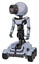 Bot containing cable connector head and light chest exoshielding and ultralight chest exosuit and six-wheeler base. Blue tint toon. Standing looking right restful pose.