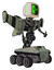 Droid containing old computer monitor and abstract mask pixel face and light chest exoshielding and stellar jet wing rocket pack and no chest plating and six-wheeler base. Green metal.