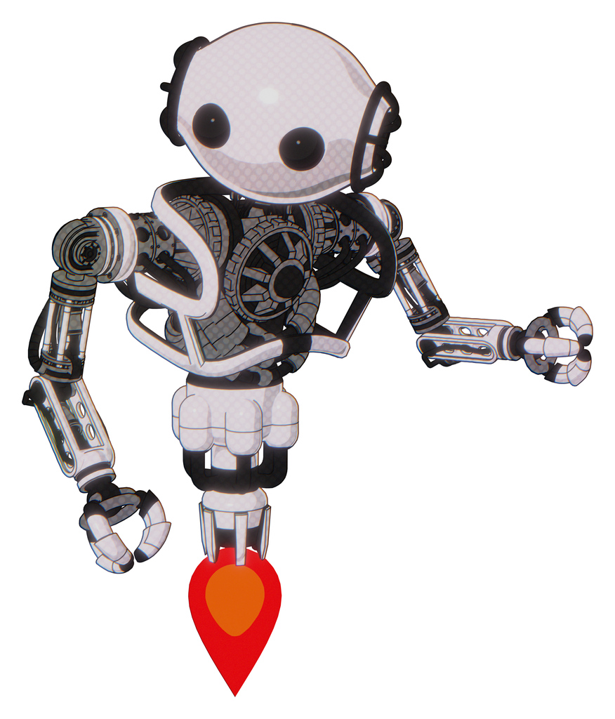 Cyborg containing oval wide head and beady black eyes and heavy upper chest and no chest plating and jet propulsion. White halftone toon. Fight or defense pose..