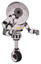 Robot containing dual retro camera head and satellite dish head and light chest exoshielding and yellow chest lights and rocket pack and unicycle wheel. White halftone toon. Fight or defense pose..