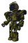 Mech containing digital display head and happy face and led and protection bars and heavy upper chest and heavy mech chest and prototype exoplate legs. Grunge army green. Facing right view.