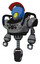 Bot containing grey alien style head and yellow eyes with blue pupils and galea roman soldier ornament and blue helmet and heavy upper chest and chest compound eyes and blue strip lights .