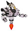 Droid containing bird skull head and yellow led protruding eyes and robobeak design and heavy upper chest and heavy mech chest and shoulder spikes and jet propulsion. White halftone toon. Interacting.