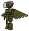 Mech containing oval wide head and barbed wire visor helmet and light chest exoshielding and red chest button and cherub wings design and prototype exoplate legs. Army green halftone.