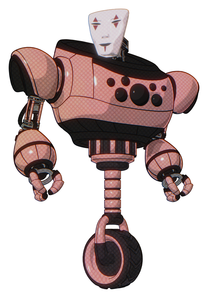 Cyborg containing humanoid face mask and red clown marks and heavy upper chest and chest compound eyes and unicycle wheel. Toon pink tint. Hero pose.