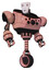 Cyborg containing humanoid face mask and red clown marks and heavy upper chest and chest compound eyes and unicycle wheel. Toon pink tint. Hero pose.