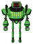 Automaton containing dual retro camera head and clock radio head and heavy upper chest and colored lights array and ultralight foot exosuit. Secondary green halftone. Front view.