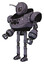 Droid containing grey alien style head and metal grate eyes and bug antennas and heavy upper chest and chest compound eyes and ultralight foot exosuit. Light lavender metal. Facing right view.