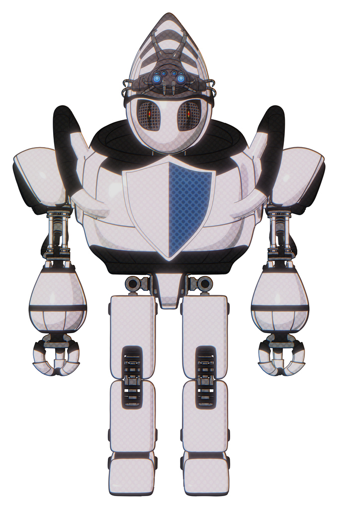 Robot containing grey alien style head and metal grate eyes and alien bug creature hat and heavy upper chest and blue shield defense design and prototype exoplate legs. White halftone toon.