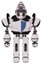 Robot containing grey alien style head and metal grate eyes and alien bug creature hat and heavy upper chest and blue shield defense design and prototype exoplate legs. White halftone toon.