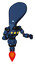 Robot containing flat elongated skull head and light chest exoshielding and yellow chest lights and jet propulsion. Dark blue halftone. Fight or defense pose..