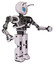 Robot containing grey alien style head and blue grate eyes and bug antennas and heavy upper chest and no chest plating and prototype exoplate legs. White halftone toon. Interacting.