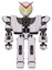 Mech containing grey alien style head and yellow eyes with blue pupils and heavy upper chest and heavy mech chest and prototype exoplate legs. White halftone toon. Front view.